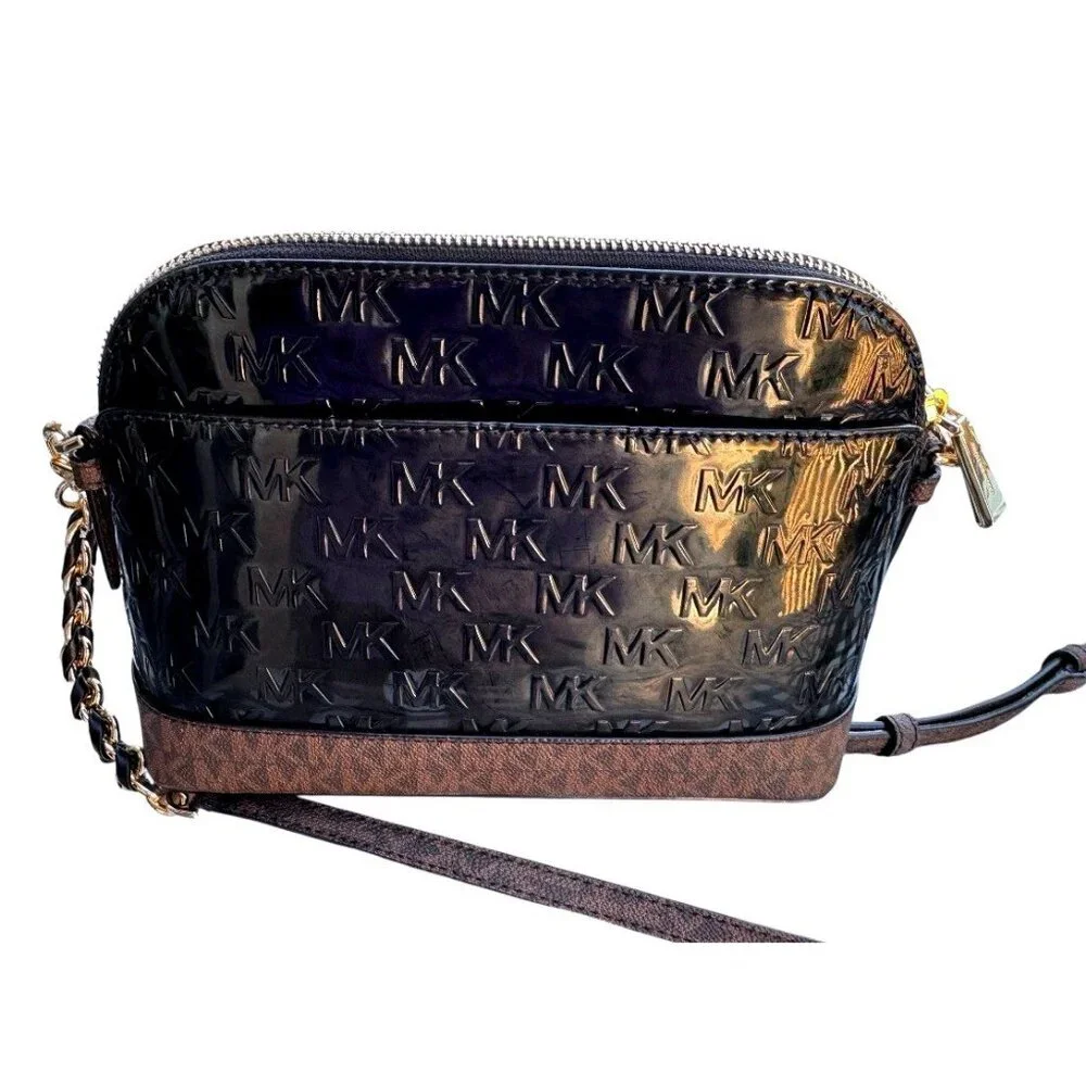 Michael Kors Dome Crossbody Bag Bl‎ Patent Leather Brown Monogram Gold Hardware